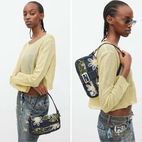 Vintage Fendi Daisy Embroidered Denim Baguette Flower Mesh Appliqué Y2K Bag - Picture 16 of 16